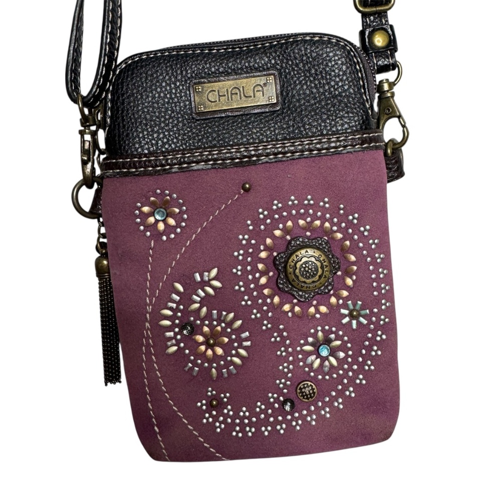 Chala Dazzled Purple Paisley Cell Phone Crossbod Purse adustable strap in